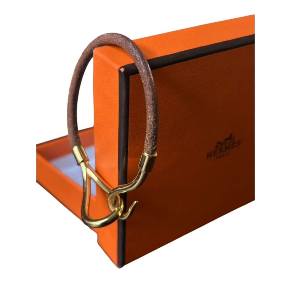 HERMES Brown Leather Jumbo Hook Single Tour Bracelet Bangle Gold Hardware w/Box